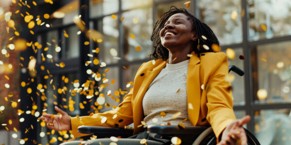 Woman in wheelchair celebrating with confetti